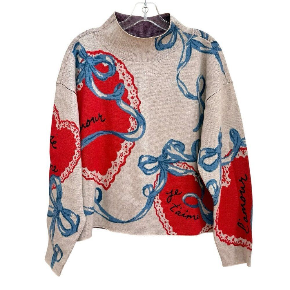 Anthropologie Maeve CARYS Mock Neck Sweater Womens Medium Cabbage White Hearts - Picture 3 of 8